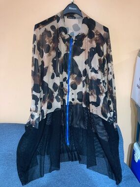 Epica Clothing Sheer Cream, Brown & Black Animal-Print Blouse with Blue Zip